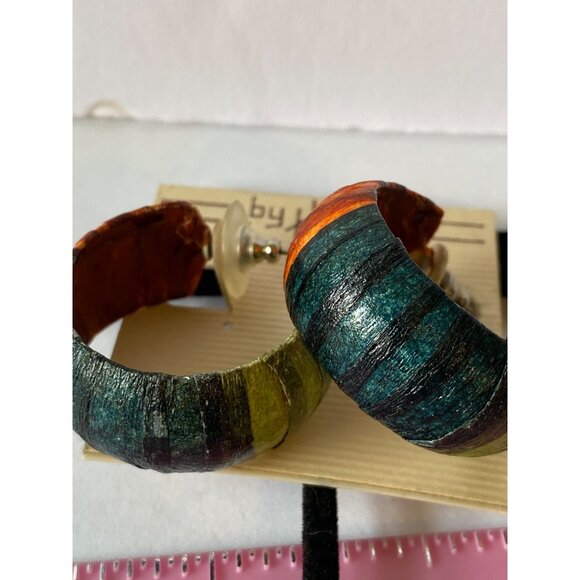 Colorful Chunky Hoop Earrings By Hugo Wood & Resin Striped Design 2" Diameter Mu - Picture 3 of 4